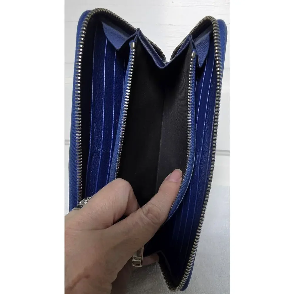 Saint Laurent YSL Women’s Blue Solid Leather Zip-Around Wallet w/ COA